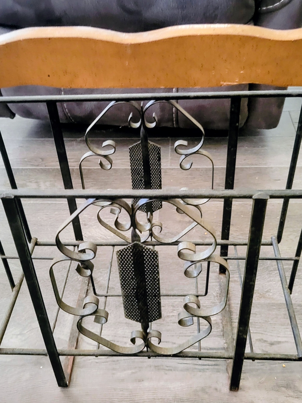 Wrought Iron and Wood Si Table - Black Metal Accent.